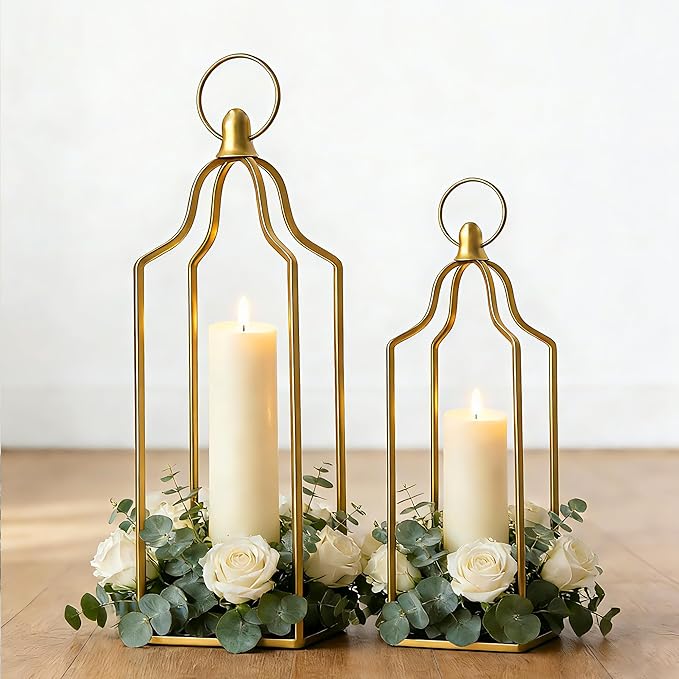 Rustic Farmhouse Decor Metal Lantern Set of 2 Decorative Lanterns for Home Indoor Outdoor Living Room, Fireplace, Patio, Wedding & Kitchen Table Centerpieces (Glod, 14.5" 12.2")