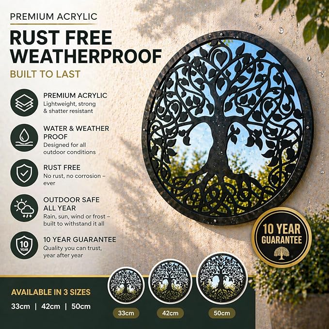 Sun Catcher Garden Decor Tree of Life Garden Mirror Range of Sizes Round Framed Mirror Outside Rust Resistant Acrylic Fixings Included Gift (42cm / 16.5 inch)