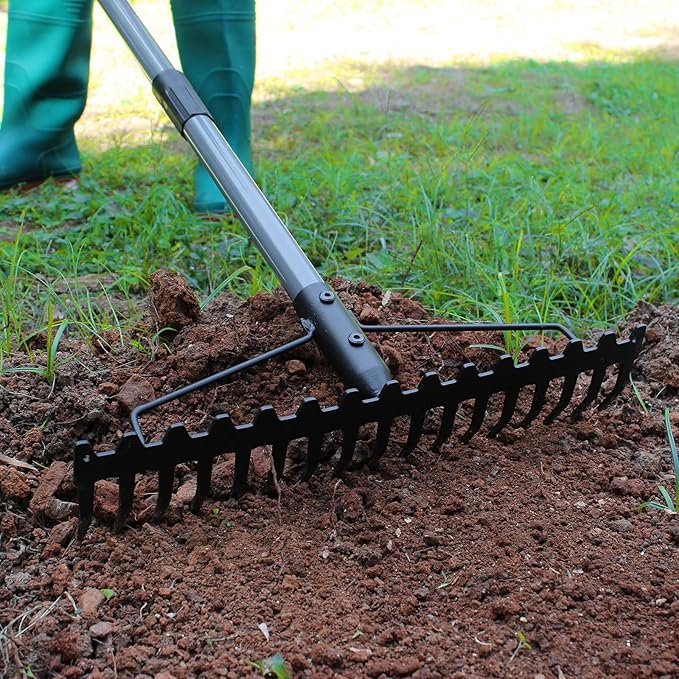 Walensee Heavy Duty Dual-Sided Bow Rake, 63" Stainless Steel Handle, Heat-Treated Manganese Steel Head, 17 Steel Tines Metal Garden Rake for Soil Loosening, Yard Leveling, Lawn Care and Thatch Removal