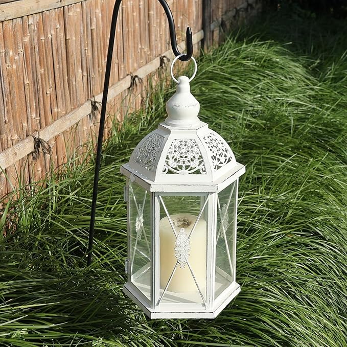 Lantern Decorative Indoor & Outdoor, 14.5'' Candle Lantern Farmhouse Home Decor, Hexagon Vintage Hanging Metal Candle Holder for Front Porch Shelf Patio Wedding Party, Christmas Decorations