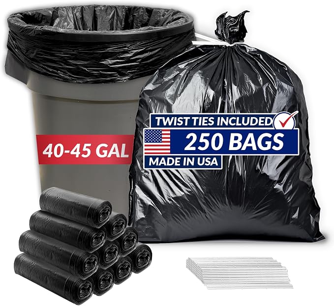 Reli. 40 to 45 Gallon Trash Bags Heavy Duty | 250 Trash Bags with Ties | Super Sizeable, Black, Serious Garbage Cleanup