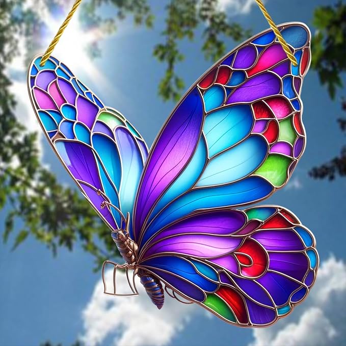 Color Butterfly Stained Window Hanging Ornament, Butterfly Shape Garden Stained Acrylic Double-Sided Printed Window Panel, Great Gift for Mom Grandma for Birthday Mother's Day or Housewarming