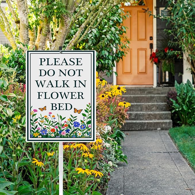 Please Do Not Walk in Flower Bed Yard Sign With Stakes Stay Out of Flowers Signs Keep Off Wildflower Pollinator Habitat Reflective Rustproof Aluminium Garden Stake Outdoor 8X12 IN