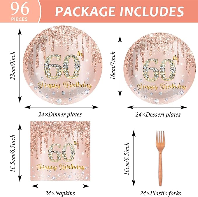 ZOIIWA 96 Pieces 60th Birthday Party Tableware Set for Pink Rose Gold 60th Paper Table Decorations Supplies Pink Rose Gold Happy 60 Birthday Dessert Plates Napkins Forks for 24 Guests Women Supplies