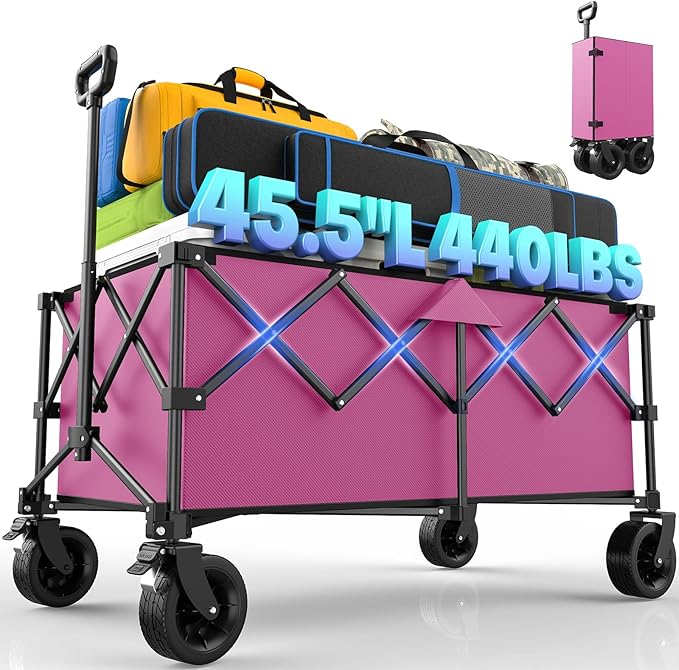 45.5" L Kitsure Collapsible Wagon - Heavy Duty Foldable Wagon with 440lbs Capacity, Adjustable Handle, Shopping Cart with Wheels for Camping, Groceries, Pink, 45.5" x 24.0" x 38.0"