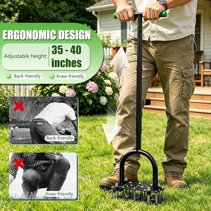 Adjustable Lawn Aerator Tool with Rebound Spring – 16 Sharp Metal Spikes Soil Aerator with Ergonomic T-Handle & Wide Foot Plate, Heavy Duty Yard Lawn Aerator for Garden Lawn Care