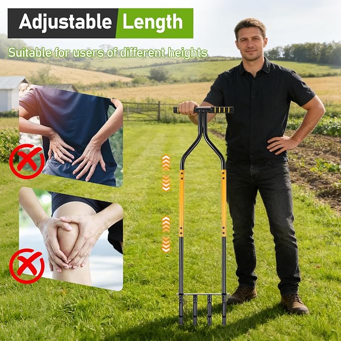 Knee-Friendly Manual Lawn Aerator Tool, 42.6-45 Inch Adjustable Height Core Aerator for Grass, Pre-Assembled Yard Aeration Tool with 4 Hollow Tines for Lawn Care and Compacted Soil