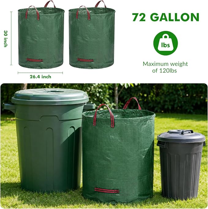Reusable Yard Waste Bags, 72 Gallon Lawn and Leaf Bags 3-Pack, Collapsible Heavy-Duty Garden Bags, Stand-Up Yard Waste Container for Leaves, Grass Clippings and Lawn Debris
