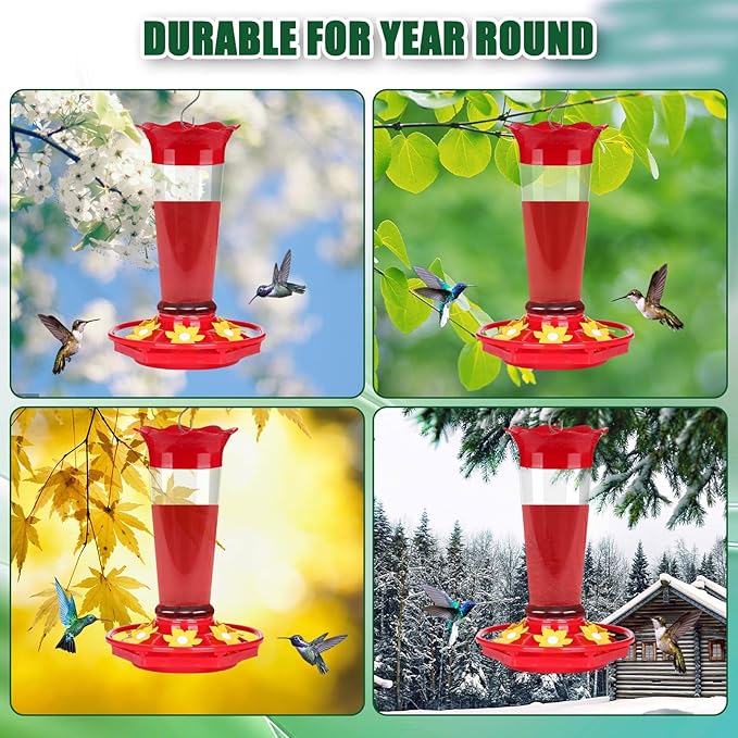FEED GARDEN 10oz Plastic Hummingbird Feeders for Outdoors - 1 Pack, Ant & Bee Proof, 6 Feeding Ports, Easy Clean Red Nectar Feeders for Outside Hanging, Gifts for Mom