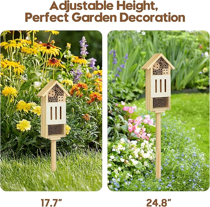 Bee House Bug Hotel & Butterfly House with Stake, Handcrafted Wooden Ladybug Hotel, Natural Insect Habitat for Garden, Patio, or Yard, Attracts Pollinators, 10.4 x 5.5 x 3.2 Inches,14 inches Stake