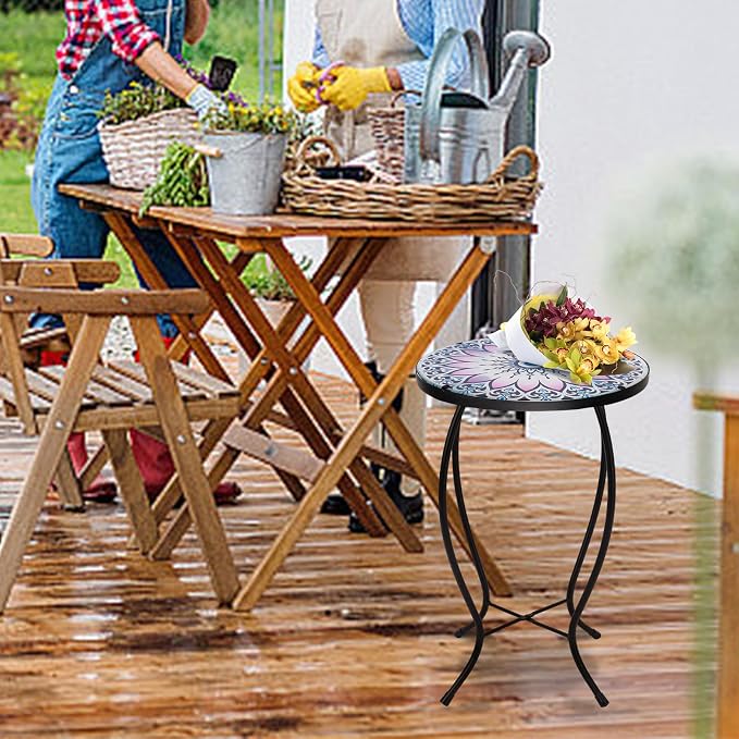 MUMTOP Side Patio Tables-Mosaic Outdoor Side Table - 14’’ Flower Glass Accent Round EndTable, Plant Stand Indoor Small CoffeeTable for Garden or Living Room Decor
