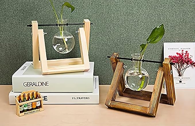 Kingbuy Plant Propagation Station Bulb Vase, 1 Bulb Vase | Air Plant Terrarium, Wooden Swivel Holder, Desktop Glass Planter, For Indoor Water Plants