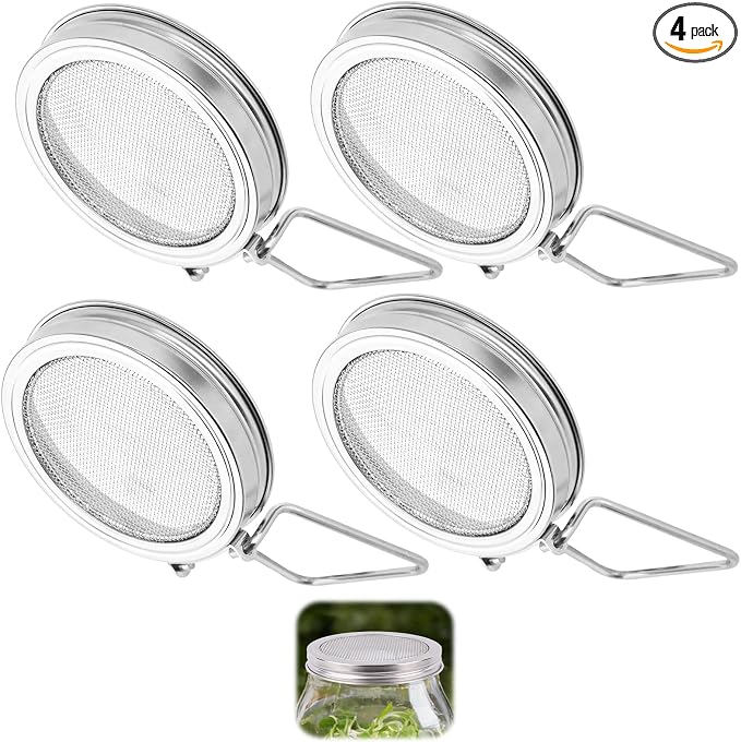 4pcs Sprouting Lids for Wide Mouth Mason Jars, Reusable Stainless Steel Sprout Growing Lid with Stand & Fine Mesh for Organic Alfalfa Broccoli Mung Bean Germination