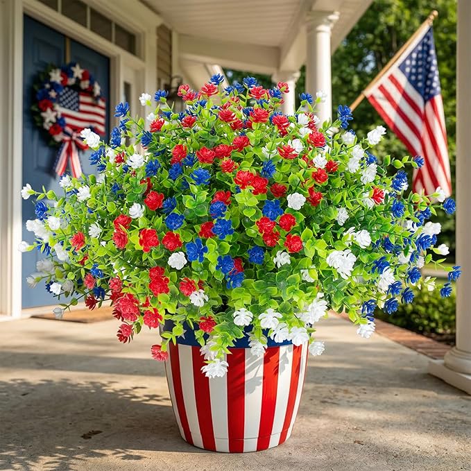 Hananona 48 Pcs Artificial Flowers Outdoor, Faux Artificial Plants UV Resistant Plastic Patriotic Flower Bulk for 4th of July Hanging Planter Porch Window Home Summer Decor (48, Red, White, Blue)