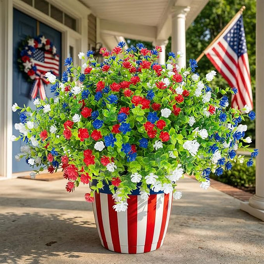 Hananona 24 Pcs Artificial Flowers Outdoor, Faux Artificial Plants UV Resistant Plastic Patriotic Flower Bulk for 4th of July Hanging Planter Porch Window Home Summer Decor (24, Red, White, Blue)