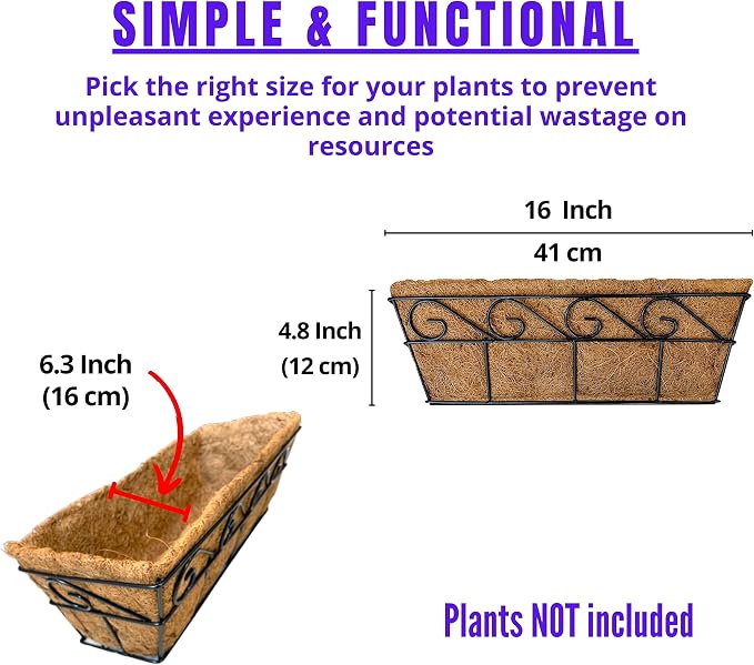 LaLaGreen Wall Mounted Planters - 16 Inch, 4 Pack Window Flower Boxes Basket Outdoor, Balcony Planter Over the Rail, Deck Railing Hanging with Coco Liners, Metal Horse Troughs Fence Patio Porch