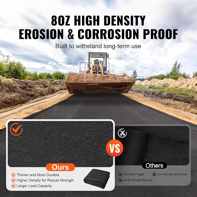 VEVOR Geotextile Landscape, 10ft x 100ft 8 oz Non-Woven PP Drainage 350N Tensile Strength & 440 N Load Capacity, for Ground Cover, Garden Fabric, French Drains, Black | Excellent Permeability and Breathability,Withstand Harsh Environment