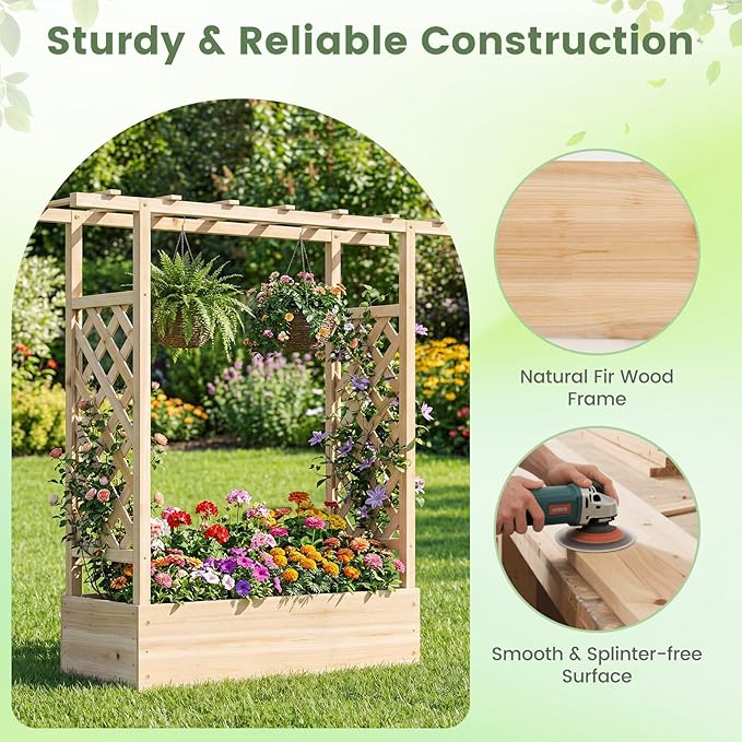 Giantex Wooden Raised Garden Bed with Trellis & Hanging Roof, 2 Pack Fir Wood Planter Box, 45" Freestanding Elevated Garden Bed for Outdoor Climbing Plants Vegetables Flowers, Patio & Balcony, Natural