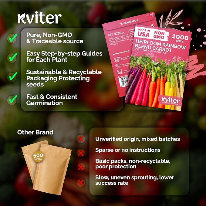 KVITER 1,000 Rainbow Carrot Seeds (Daucus Carota) - Baby Carrots Mix, Sweet & Tender Taste - Heirloom & Carrots Seeds for Planting in Vegetable Garden, Raised Beds & Containers