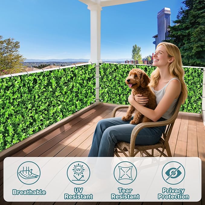 Shade&Beyond 3' X 6' Privacy Fence Screen Customized 450 GSM PVC Printed Privacy Fence with Zip Ties for Courtyards, Pools, Balconies-Green Leaves