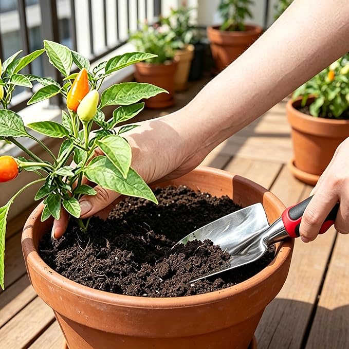 Stainless Steel Garden Tool Set，3 Pieces, Including Hand Shovel & Transplant Shovel & Hand Rake with Non-Slip Soft Ergonomic Handle (red)