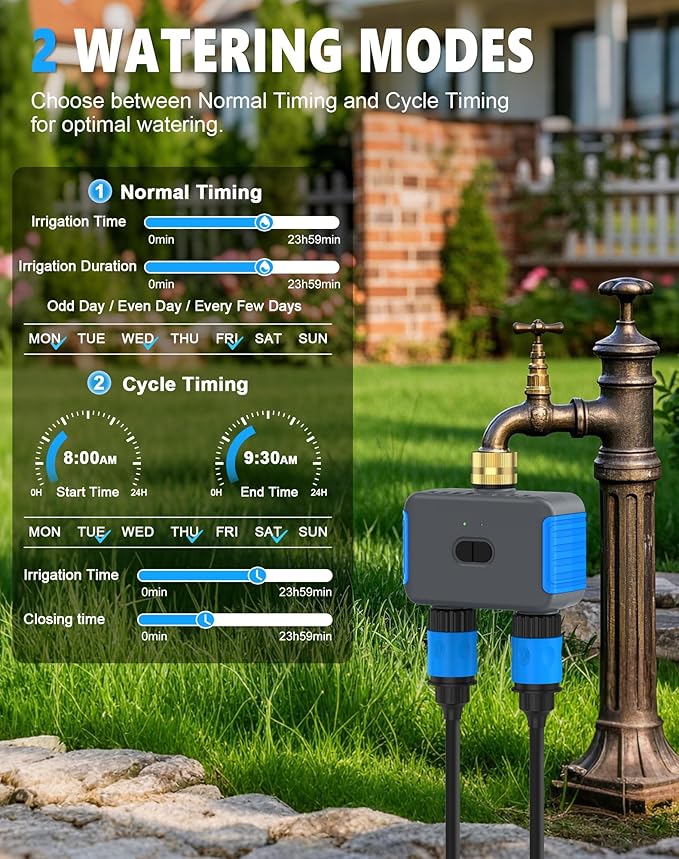 WiFi Sprinkler Timer, 2 Zone Smart Bluetooth Hose Timers, Water Timer with APP, Digital Irrigation System Compatible with Alexa Google, for Outdoor Garden Lawn