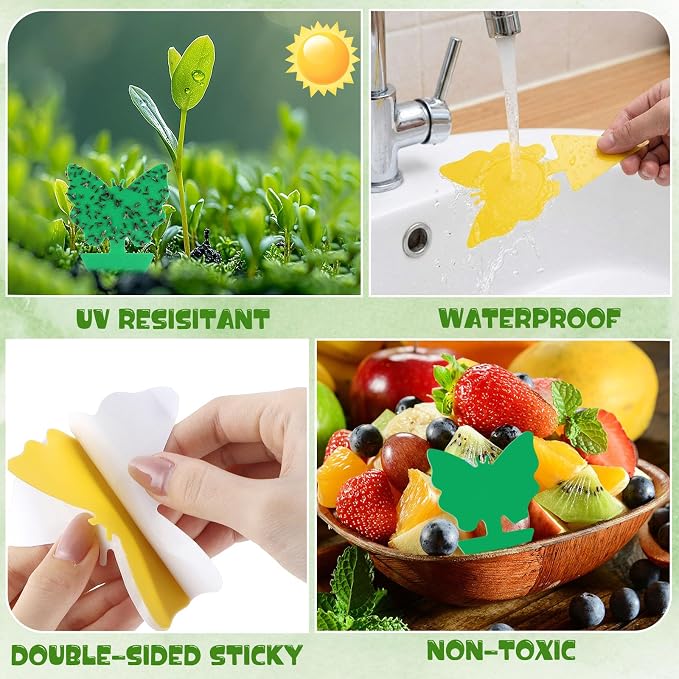 60 Pack Fruit Fly Traps Fungus Gnat Sticky Traps Yellow Black Green Plant Fly Stickers Double Side with Shovel for Indoor Outdoor Kitchen Garden Houseplant Flying Bug Insect (Butterfly)