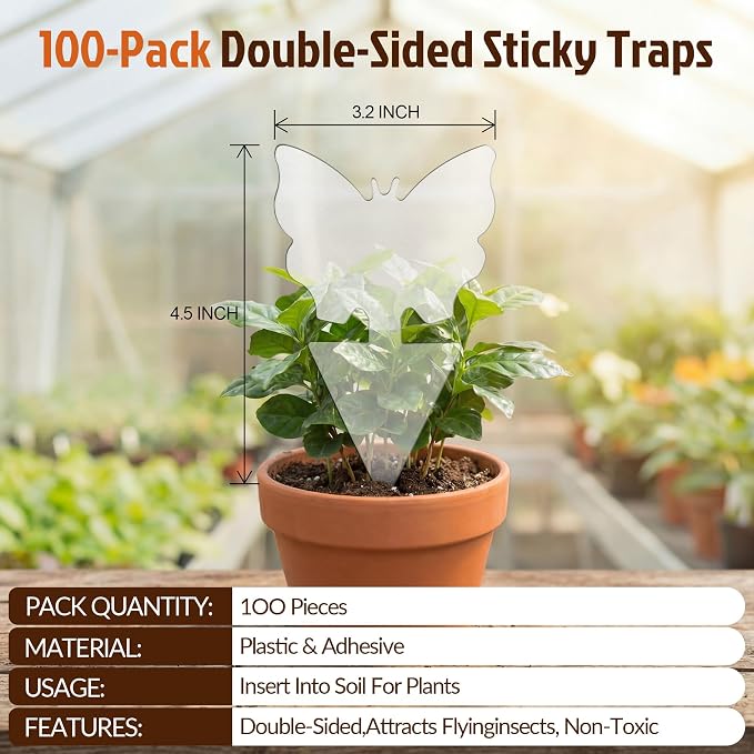 100 Pack Gnat Traps, Plant Sticky Traps for Flying Insects, Double Sided Flying Bug Catcher for Indoor Outdoor Fruit Flies, Mosquitoes,Easy Release Liner for Plants, House
