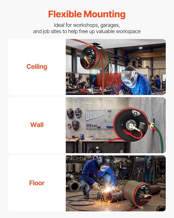 VEVOR Retractable Welding Hose Reel, Hand Crank Manual Rewind Hose Reel with 1/4 Inch x 100FT Twin Oxygen Acetylene Rubber Hose Max 300PSI - T Grade, Ceiling/Wall Mount Steel Reel for Workshop Garages