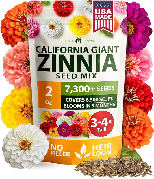 HOME GROWN Zinnia Seeds for 2026 - California Giant Mix - 7,300+ (2 oz) Plant Wildflower Blooms Bulk Seeds for Planting Flowers Outside - Pollinator Gardens (Zinnia elegans)