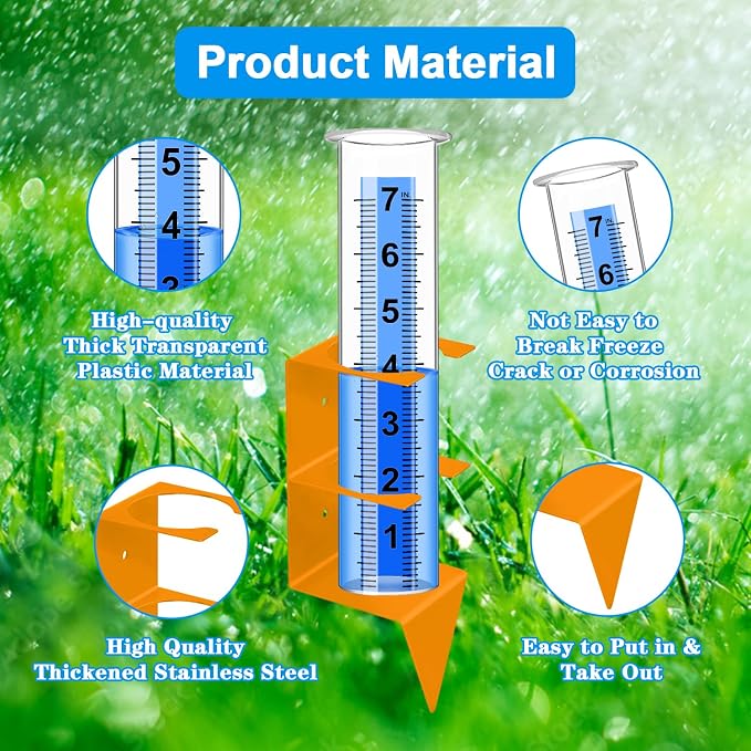 Rain Gauge Outdoor,7" Capacity Rain Gauge Outdoors Best Rated with Stainless Steel Mounting Rack Holder,Freeze Proof Plastic Large Rain Gauge for Yard Garden Fence Lawn Patio Farm (Orange)