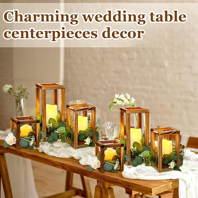 24 Pcs Wooden Candle Lantern Include 12 Wedding Lantern Centerpiece 12 Flameless Decorative Candles Holders Wedding Centerpieces for Tables Party Decor(Brown)