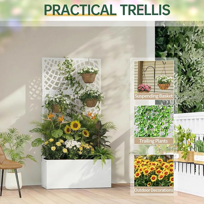 VINGLI 71"H Metal Raised Garden Bed with Trellis, Outdoor Planter Box for Climbing Vegetables, Fruits and Flowers, Privacy Screen, for Backyard, Patio, Balcony (White)