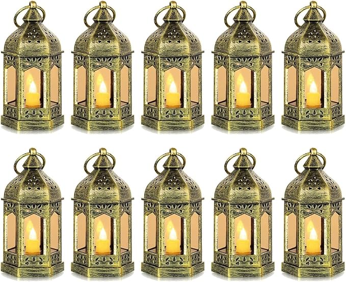 Mini Lantern with Flickering LED Candles Set of 10, Hewory Gold Vintage Decorative Hanging Candle Lanterns for Halloween, Christmas, Wedding Decorations, Party, Table Centerpiece, Battery Included
