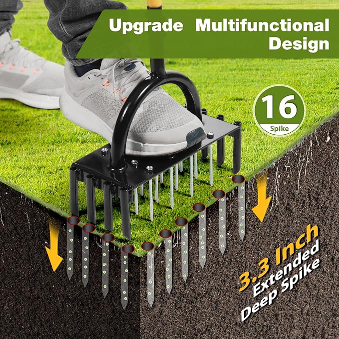 2-in-1 Lawn Aerator, Manual Core Aerator Lawn Tool with 24-Spikes Suitable for Lawn Ventilation, Garden Soil Loosening and Compact Soil Care, Revives Lawn Health