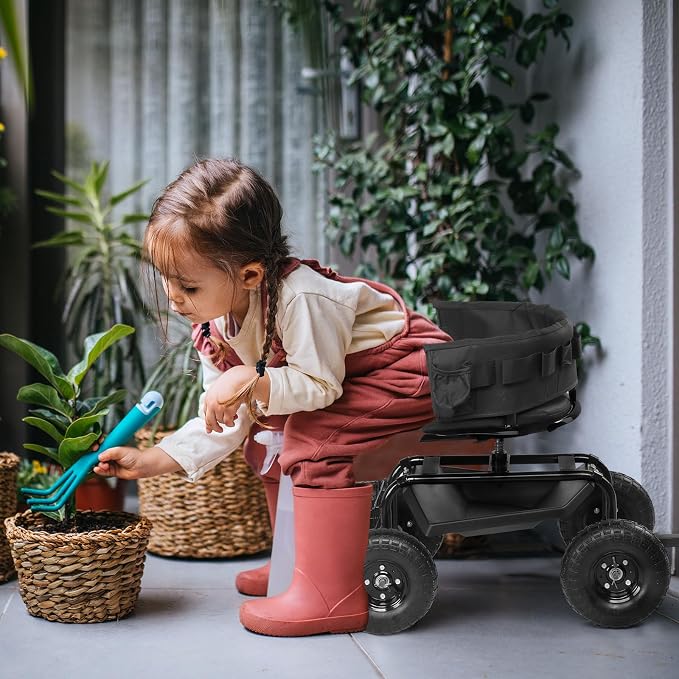 VINGLI Rolling Garden Stool with Seat and Extendable Handle, Gardeners Tool Seat with Wheels and Extra Storage, Gifts for People with Bad Knees (Black)