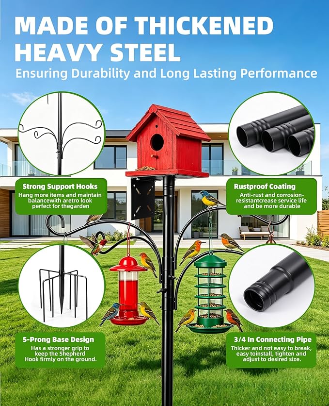 Bird Feeder Pole-92 Inch Heavy Duty Birdhouse Stand with Squirrel Proof Baffle for Outdoor, Adjustable Bird Feeding Station with Multi Shepherds Hooks Mental Trays (Black 9-Claw Base)