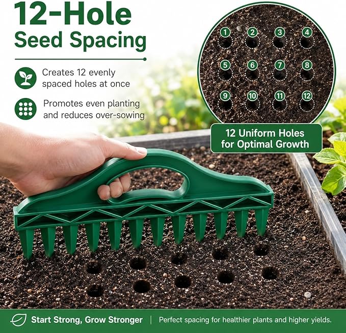 GOOGO Seed Spreader 4 Piece Sowing Tool Set, Green Garden Seed Spacer with 12 Holes and 5 Outlet Seed Dispenser, Handheld Planter for Vegetables and Flowers