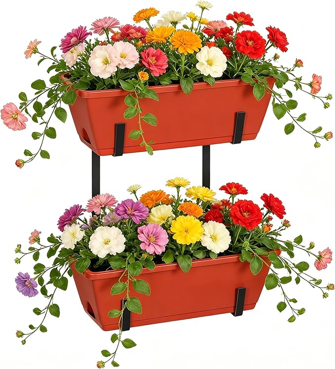 Railing Planter Boxes 17 Inches Rectangular Window Box Planters with Flower Box Brackets 2 Tier Adjustable Balcony Planters for Indoor Outdoor Herb Plants Hanging Porch Fence Rail