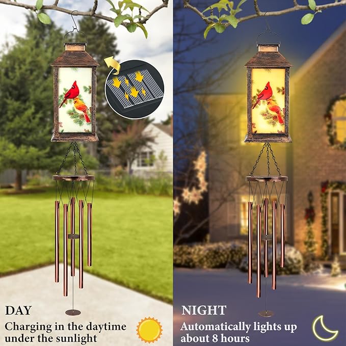 YHmall Cardinal Wind Chimes for Outside, 37" Hanging Memorial Solar Wind Chimes for Outside, Solar Lantern Christmas Cardinal Gifts for Women Mom Windchimes Outdoors for Patio Garden Decor Birthday