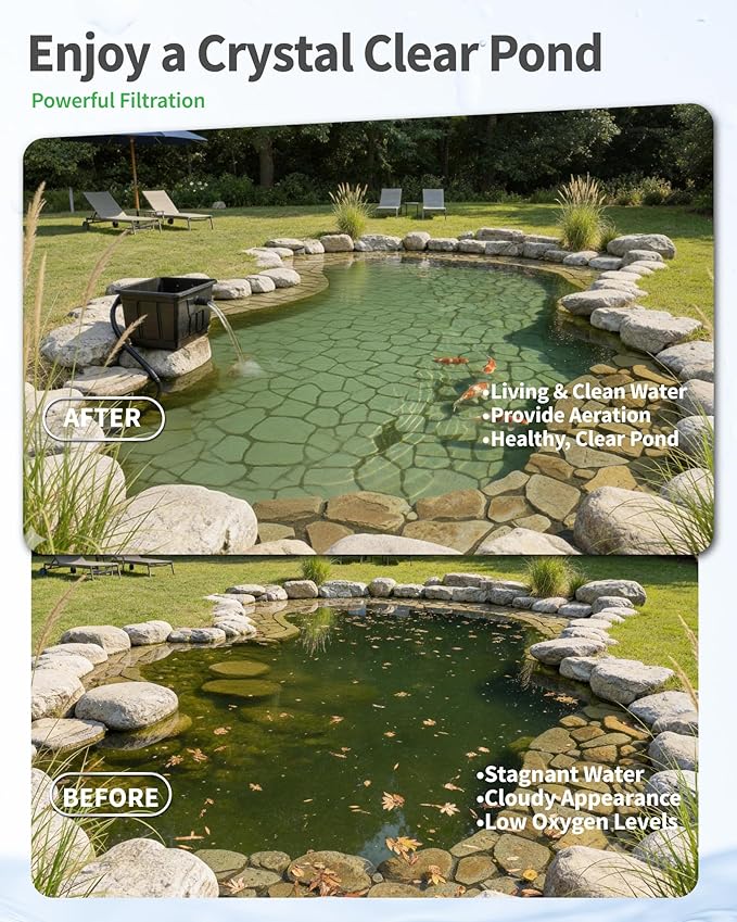 POPOSOAP Large Pond Filter Kit, Outdoor Pond Filter with 1200GPH Quiet Pond Pump & 9.8FT Hose, Above-Ground Design for Easy Maintenance Complete Accessories Included for Koi Pond Garden Pond P2580
