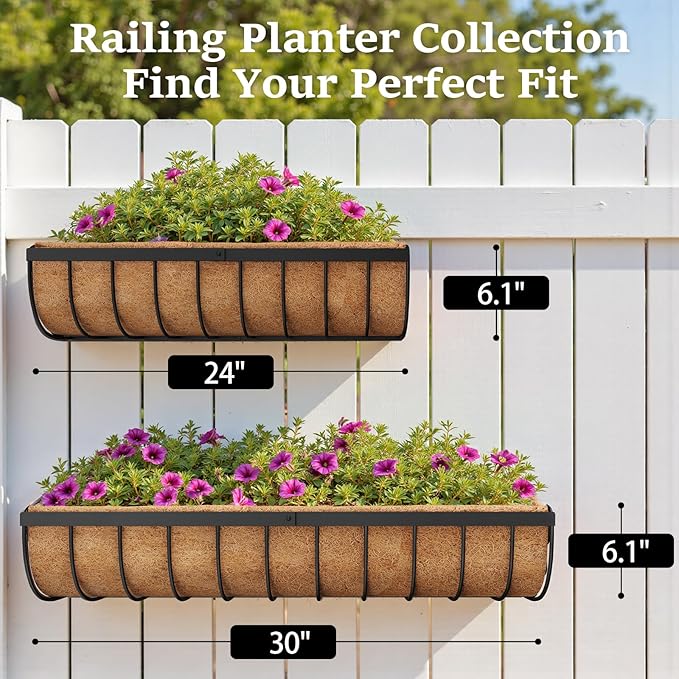 VOXOR Railing Planter Boxes, 30 Inch Window Boxes Planters, Balcony Planters with Adjustable Brackets & Coco Liner for Outdoor Fence, Deck, Porch, and Patio Gardening, 2 Pack