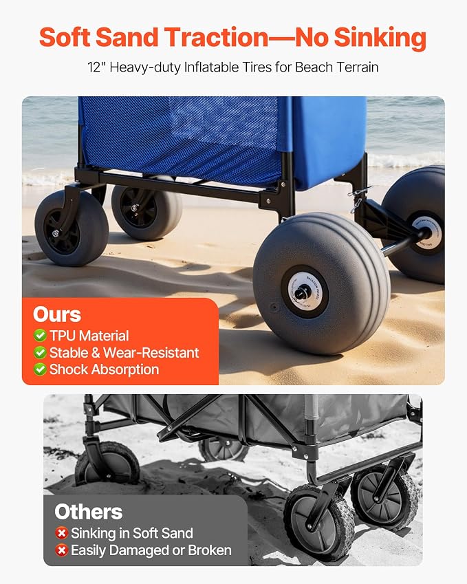 VEVOR Beach Cart, 165LBS Load Capacity, Portable Folding Beach Wagon Dolly with 12" Balloon Wheels for Sand, Storage Bag & 4-Level Adjustable Height for Outdoor Camping Fishing