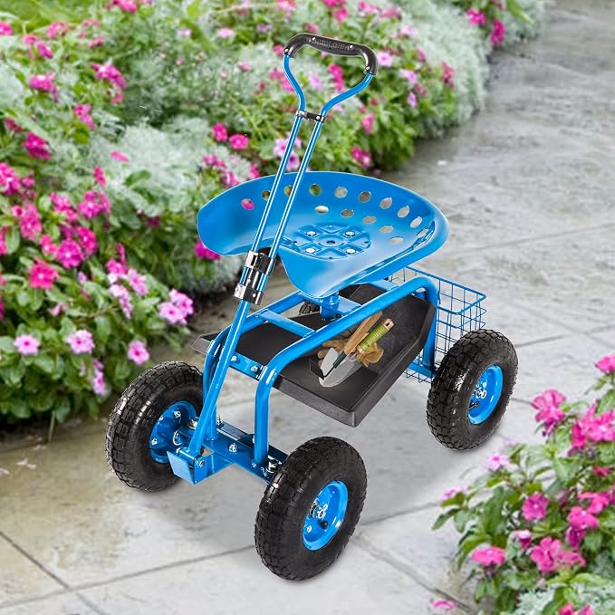 J-Sun-7 Garden Cart with Seat - Rolling Garden Scooter, Steel Stool with Wheels, 360 Degree Swivel Work Seat, Adjustable Handle, Tool Tray, Basket, Gardening Stools for Seniors, Blue