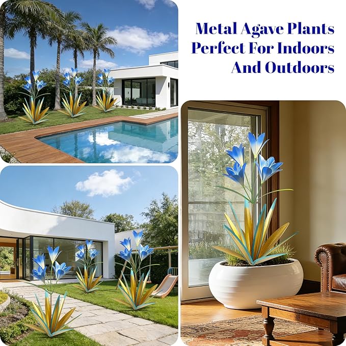 TOMBABY 32.28 Inch Metal Agave Plant Outdoor Decoration Lily Mexican Yard Art Garden Gift Home Decor Hand Painted Metal Agave Garden Yard Statue (2pc, Blue)