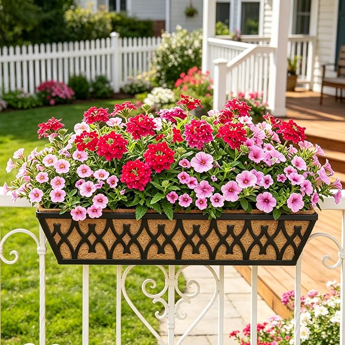 6 Pack 24 Inch Window Boxes Planters Railing Planter Box with Adjustable Brackets for Porch Fence Patio Balcony Hanging Flower Baskets with Coco Liners for Outdoor Garden Decor - Black