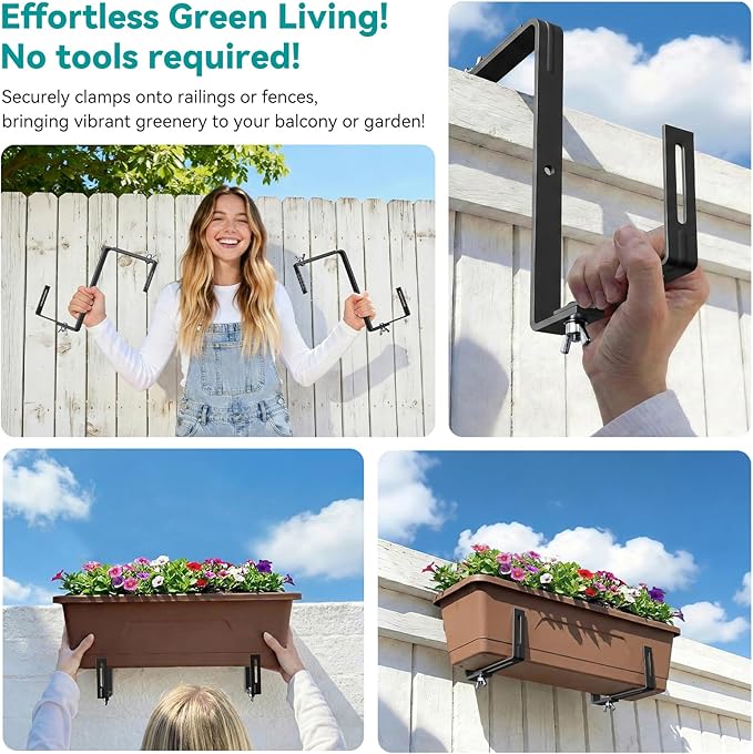Adjustable Planter Box Brackets,Enhanced Bottom Support,Universal Outdoor Hanging Brackets,Flower Box Brackets for Fence Railings, Windowsill, Patio, Garden,Balcony. (8, Black)