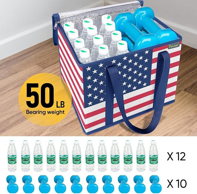 BALEINE 3Pk Insulated Reusable Grocery Bags, Foldable Shopping Bags for Groceries with Reinforced Bottom & Handles (Patriot Celebration)