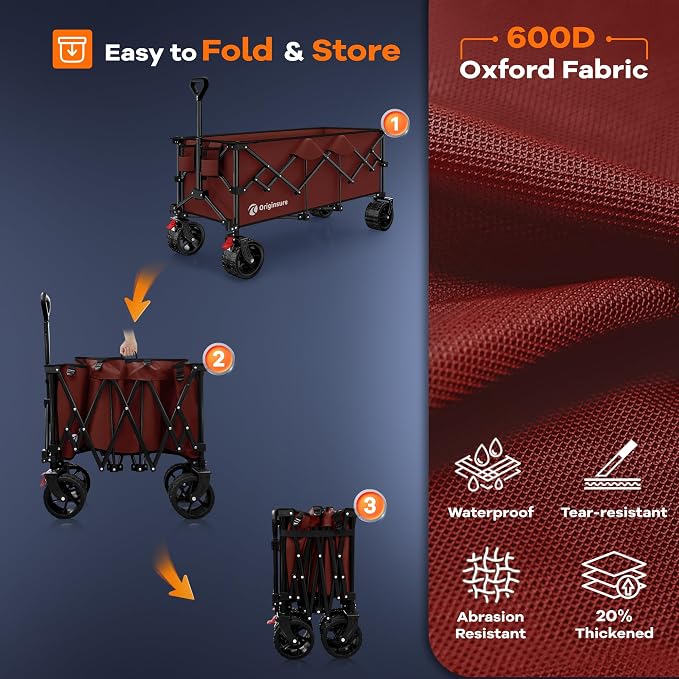 Originsure 48" L Collapsible Wagon Cart Foldable, 560lbs Weight Capacity 300L Heavy Duty Folding Beach Wagons with Big All-Terrain Wheels, Utility Carts for Groceries, Shopping, Camping, Sports-red