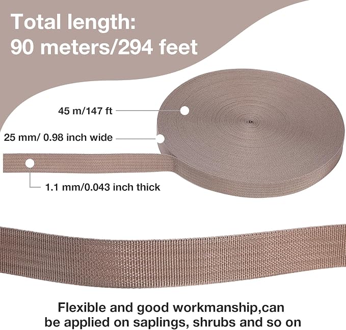 Shappy Tree Tie Strap Garden Webbing Strap Garden Plant Supports Tree Tie Staking and Guying for Outdoor Use, Plant Supports, Grafting, Straightening Supplies(Dark Khaki,295 Feet x 1 Inch)